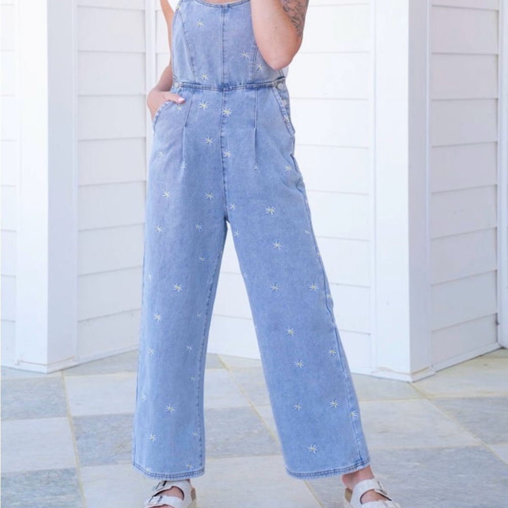 DAVI & DANI Light Blue Denim overalls with Daisy Embroidery